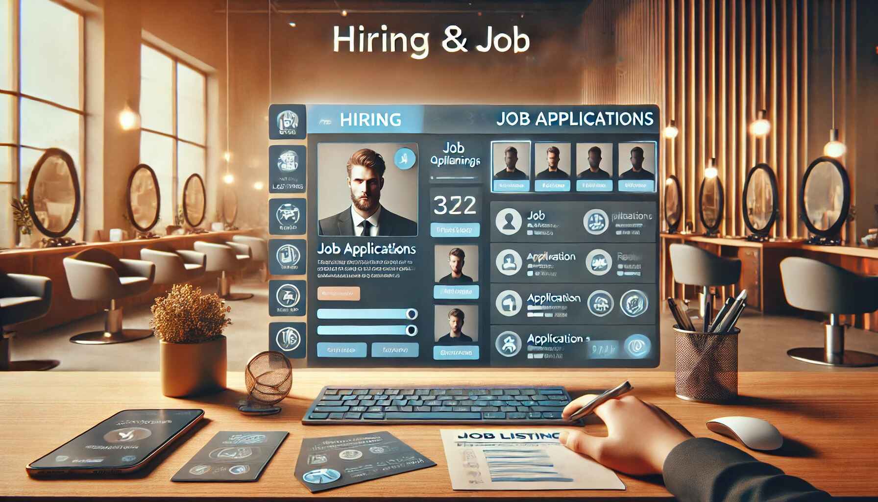 A professional salon-themed dashboard showing staff profiles, job openings, and candidate applications. The image depicts streamlined job management tools, enabling salon owners to find and hire new talent efficiently while maintaining an organized recruitment process.